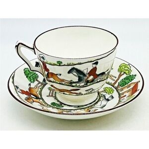 Crown Staffordshire Fox Hunt Horse Dog Hunting Scene Tea Cup & Saucer Equestrian
